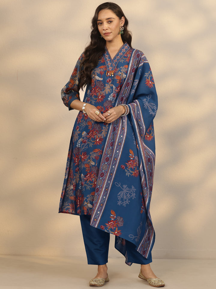 Blue Printed Silk Blend A-Line Suit Set With Dupatta