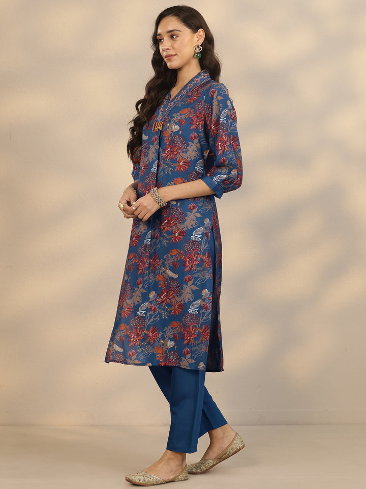 Blue Printed Silk Blend A-Line Suit Set With Dupatta