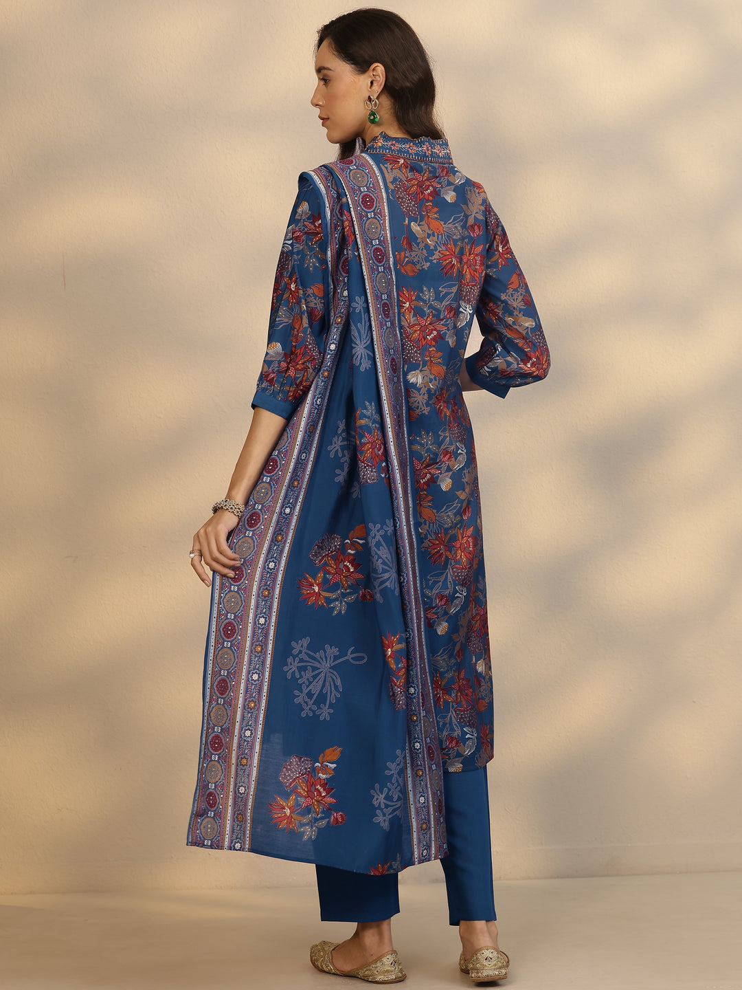 Blue Printed Silk Blend A-Line Suit Set With Dupatta