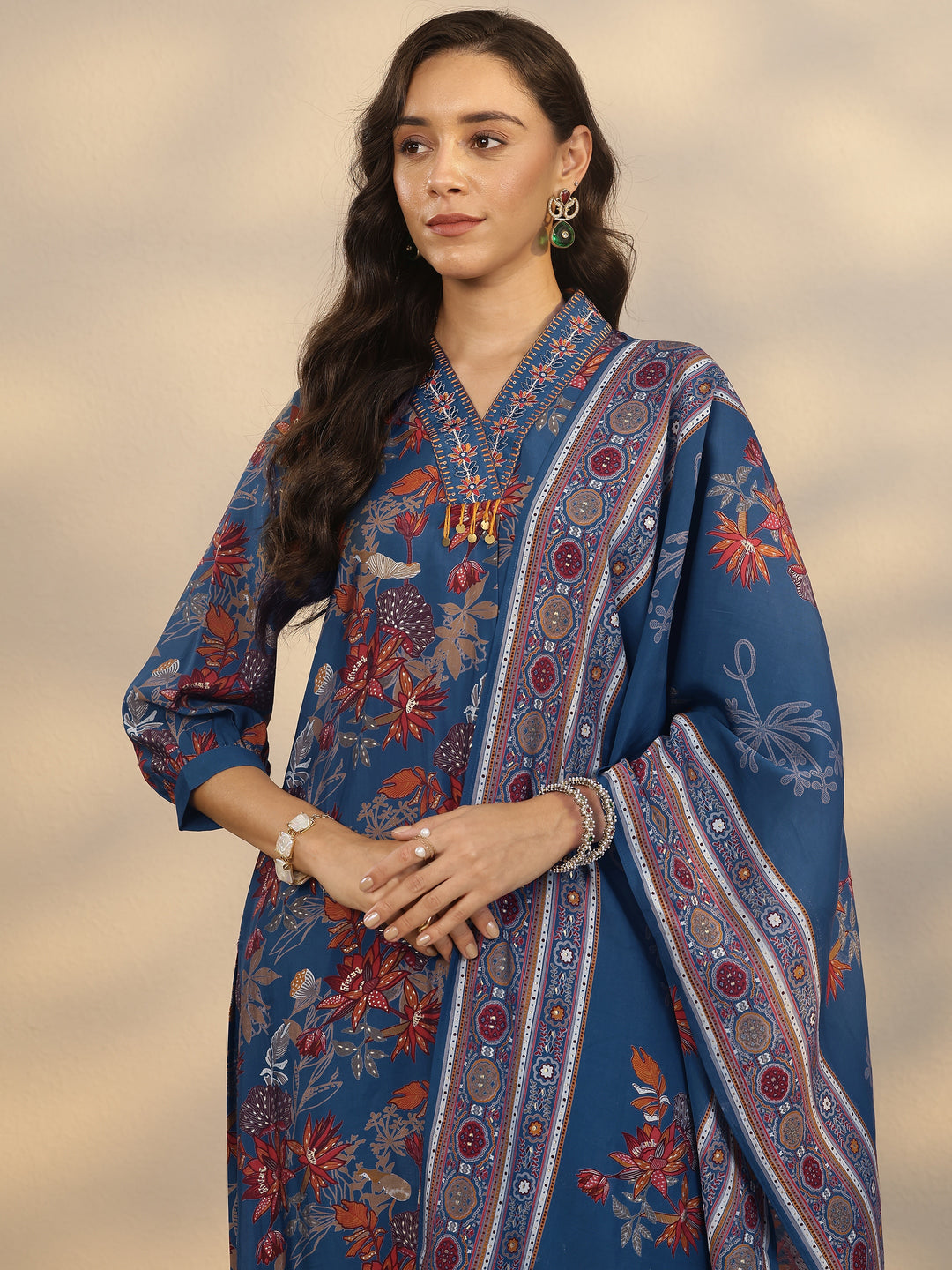 Blue Printed Silk Blend A-Line Suit Set With Dupatta