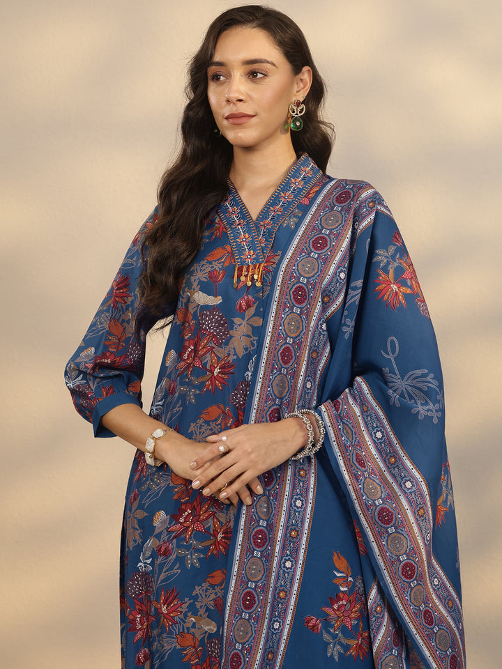 Blue Printed Silk Blend A-Line Suit Set With Dupatta