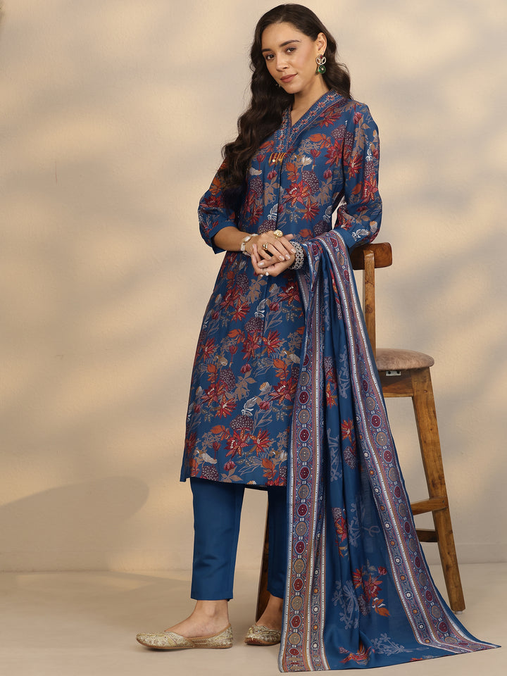 Blue Printed Silk Blend A-Line Suit Set With Dupatta