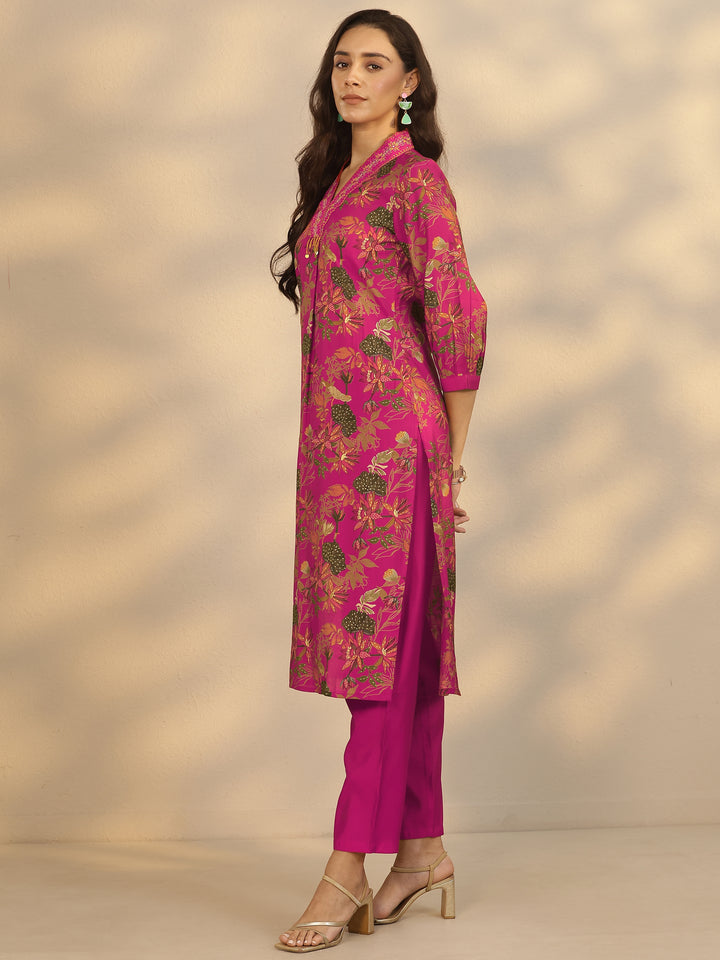 Pink Printed Silk Blend Straight Suit Set With Dupatta