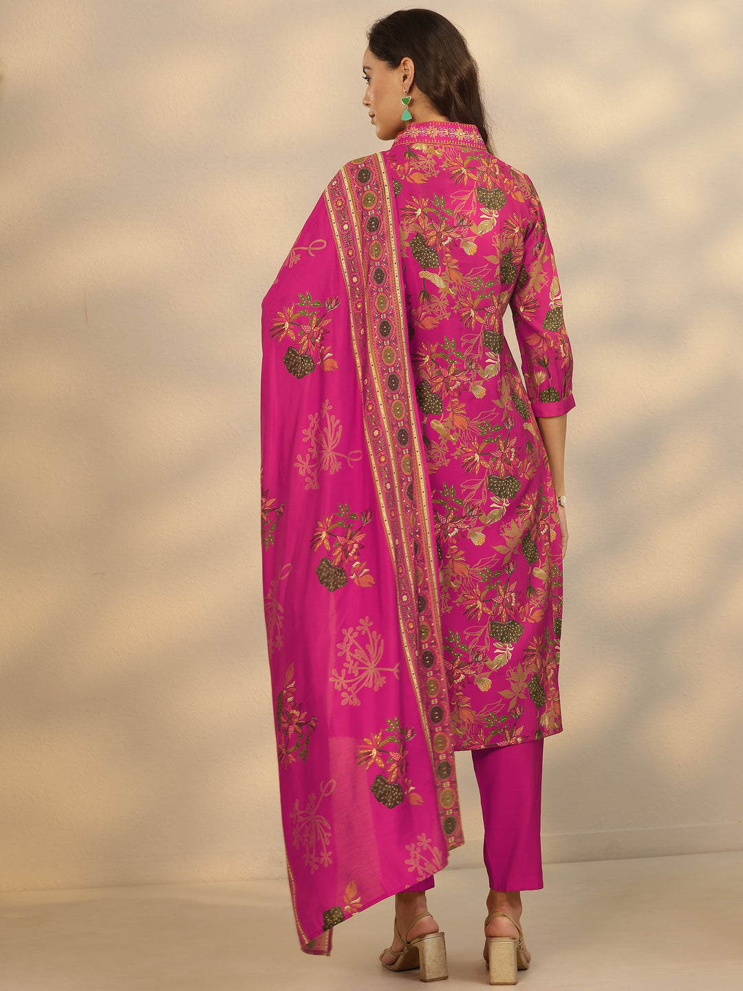 Pink Printed Silk Blend Straight Suit Set With Dupatta