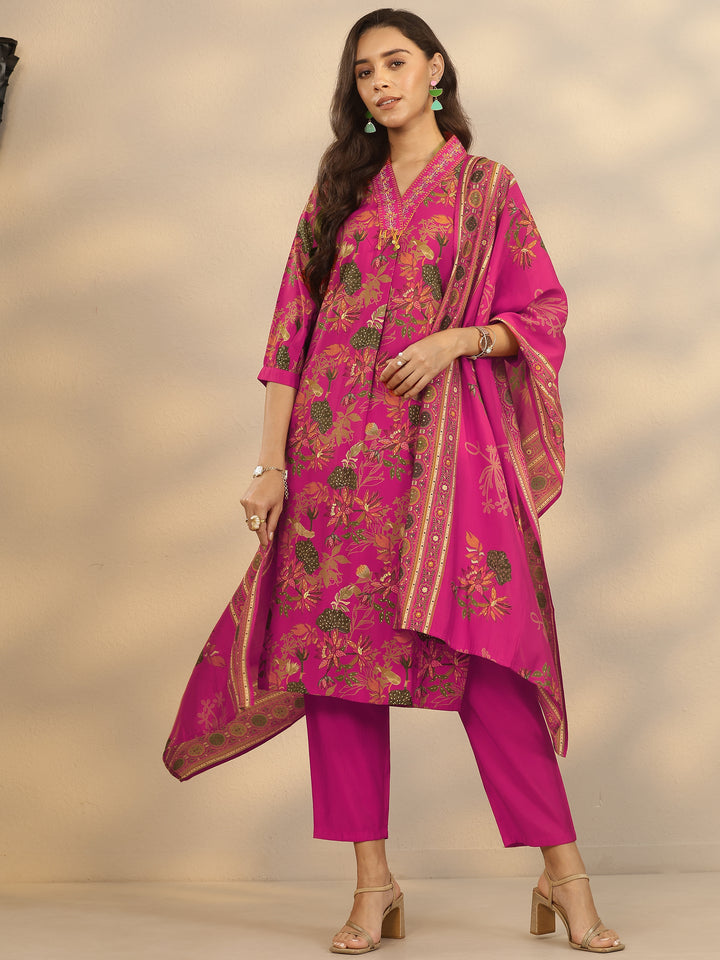 Pink Printed Silk Blend Straight Suit Set With Dupatta