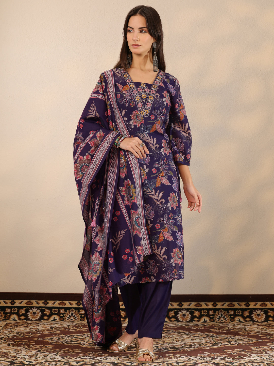 Purple Printed Silk Blend Straight Suit Set With Dupatta