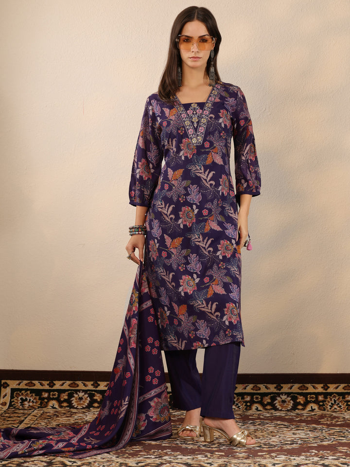 Purple Printed Silk Blend Straight Suit Set With Dupatta