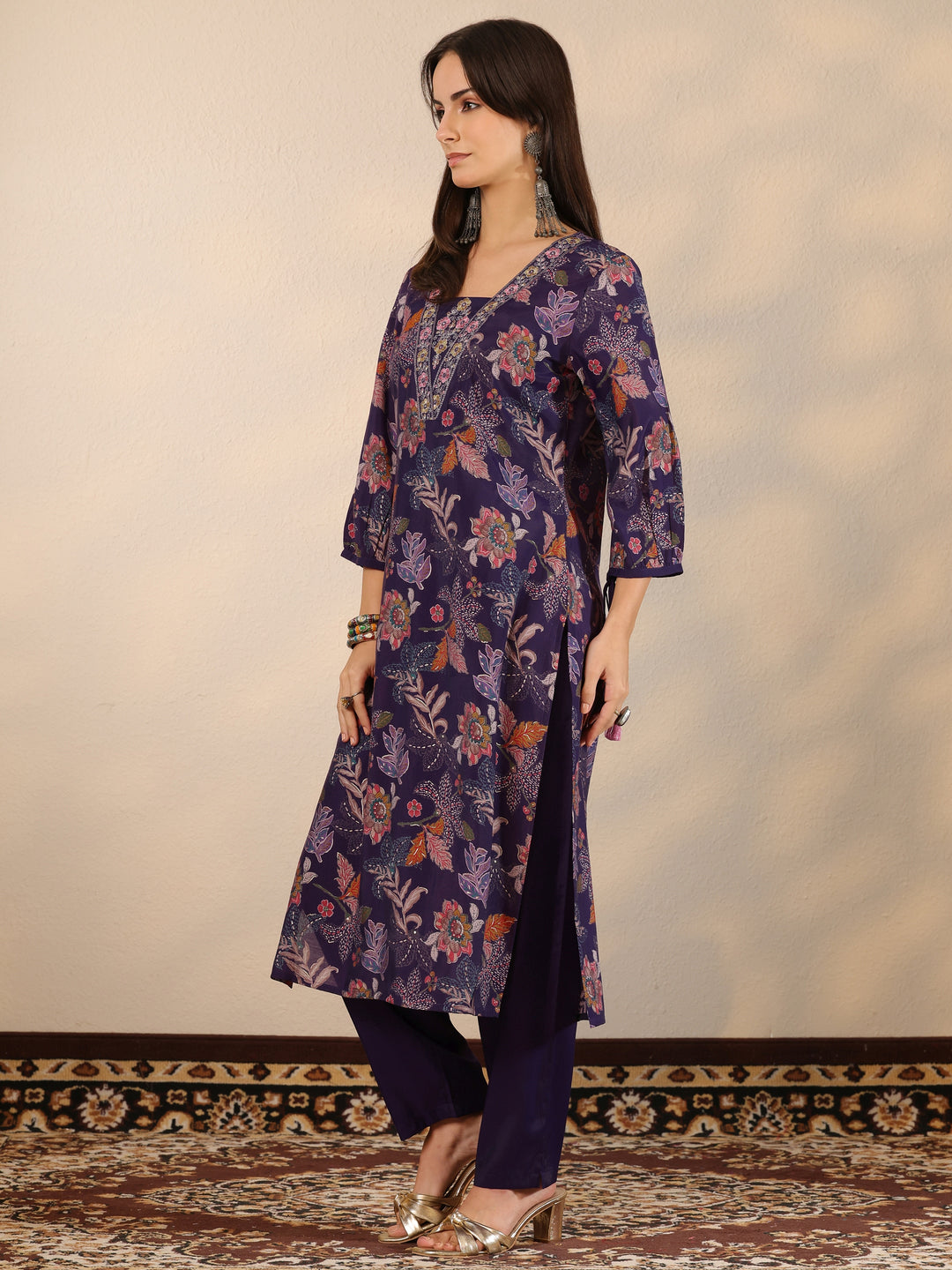 Purple Printed Silk Blend Straight Suit Set With Dupatta