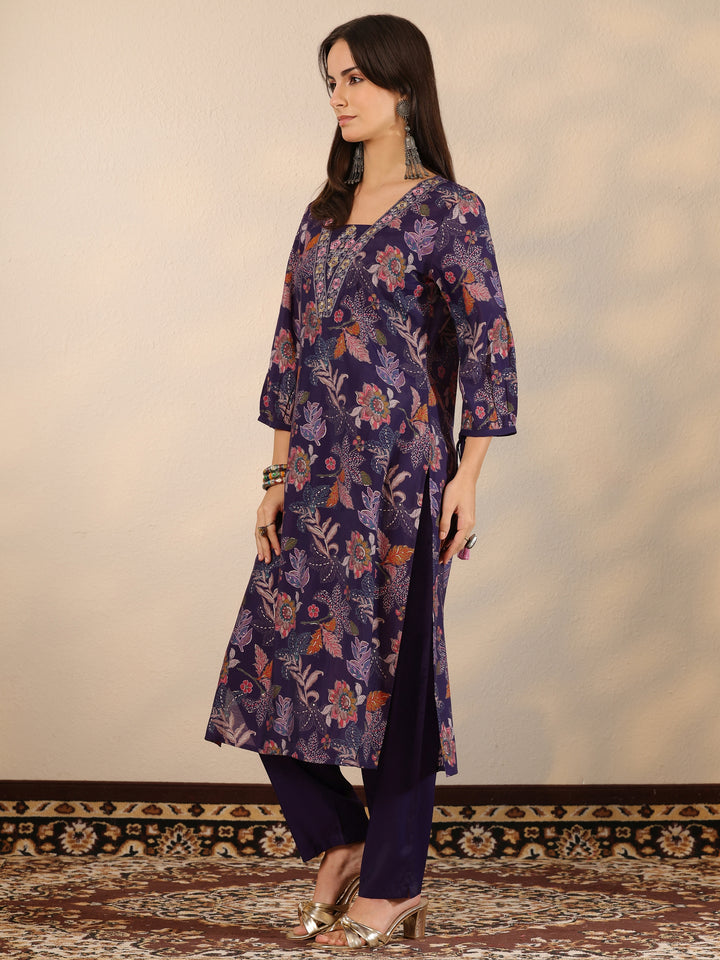 Purple Printed Silk Blend Straight Suit Set With Dupatta