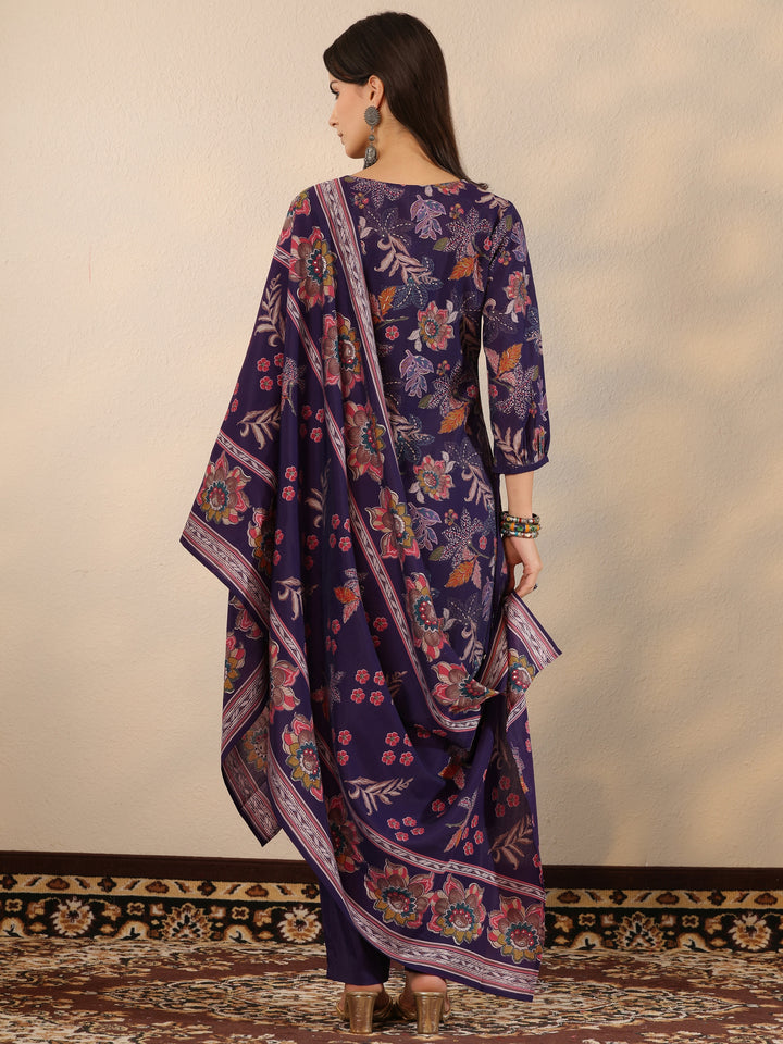 Purple Printed Silk Blend Straight Suit Set With Dupatta