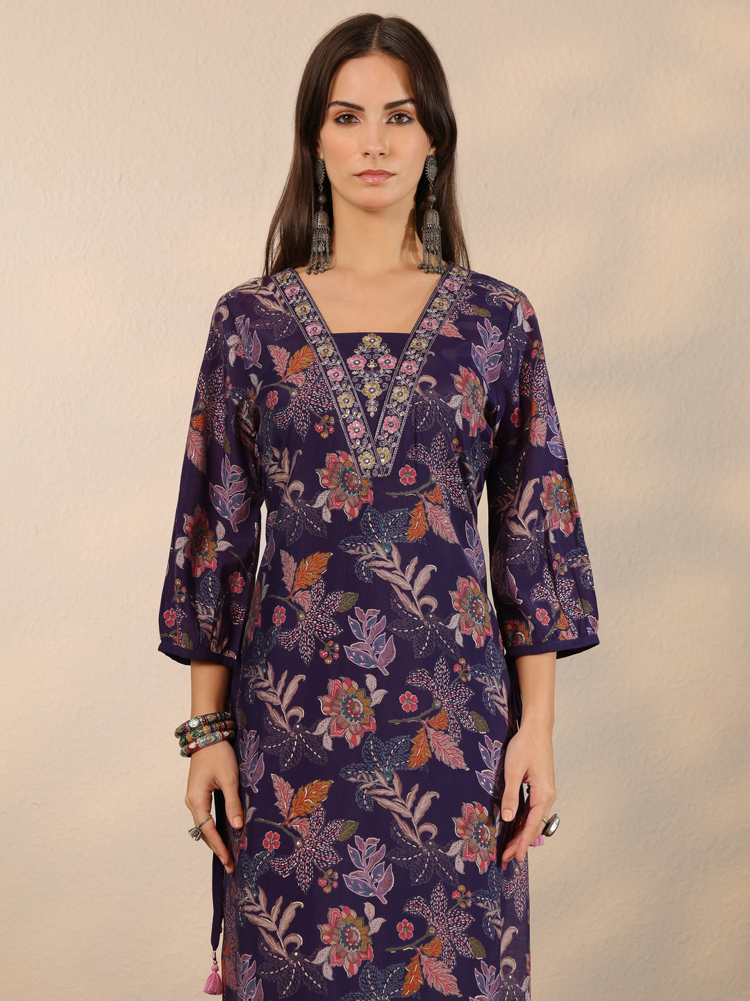 Purple Printed Silk Blend Straight Suit Set With Dupatta