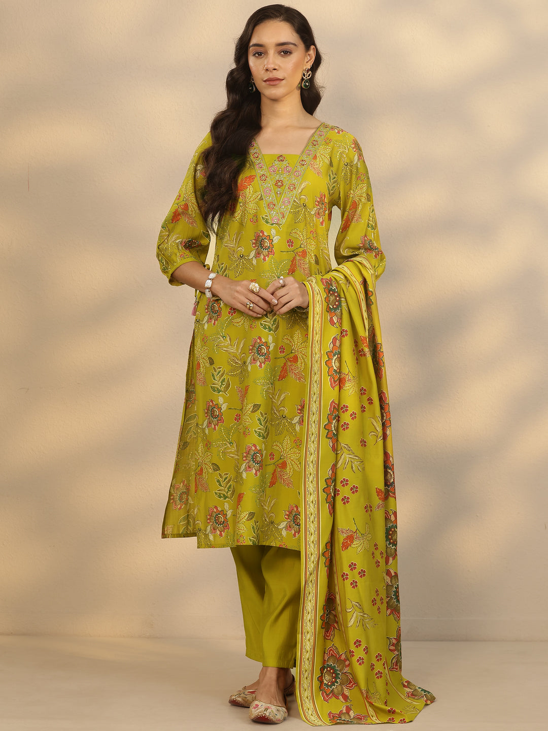 Mustard Printed Silk Blend Straight Suit Set With Dupatta