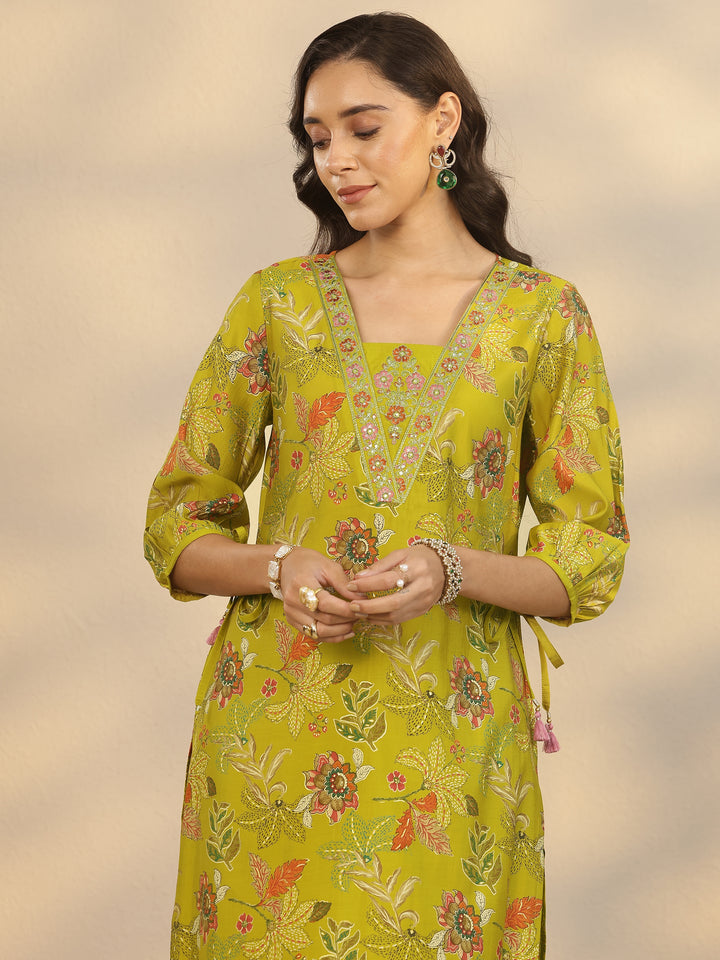 Mustard Printed Silk Blend Straight Suit Set With Dupatta