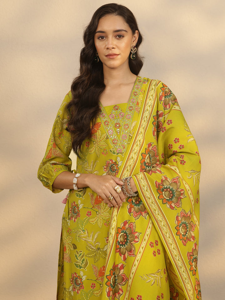 Mustard Printed Silk Blend Straight Suit Set With Dupatta