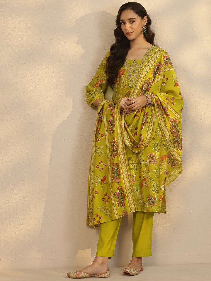 Mustard Printed Silk Blend Straight Suit Set With Dupatta