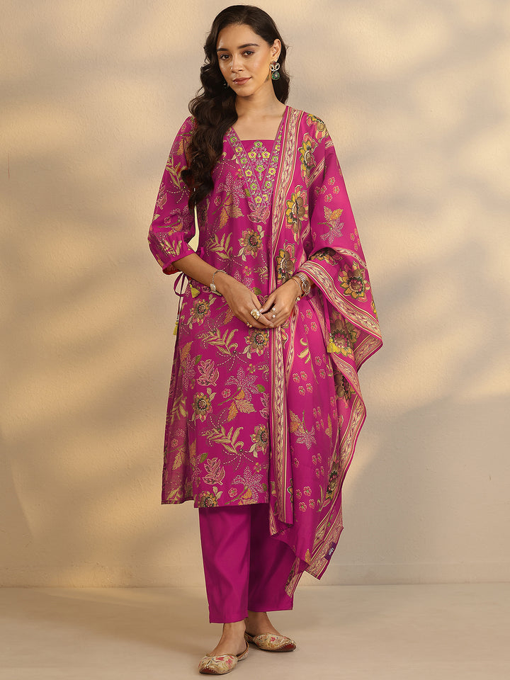 Pink Printed Silk Blend Straight Suit Set With Dupatta