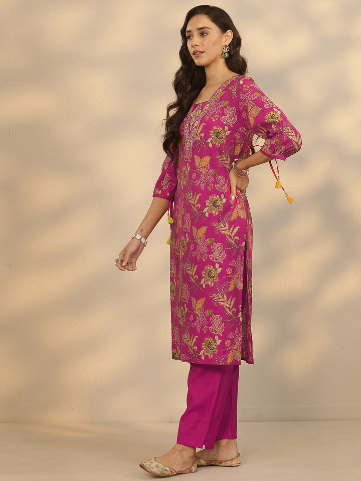 Pink Printed Silk Blend Straight Suit Set With Dupatta
