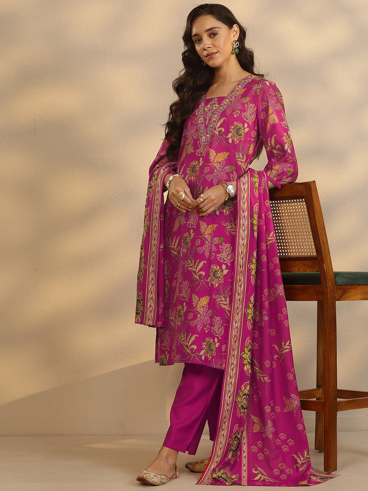 Pink Printed Silk Blend Straight Suit Set With Dupatta