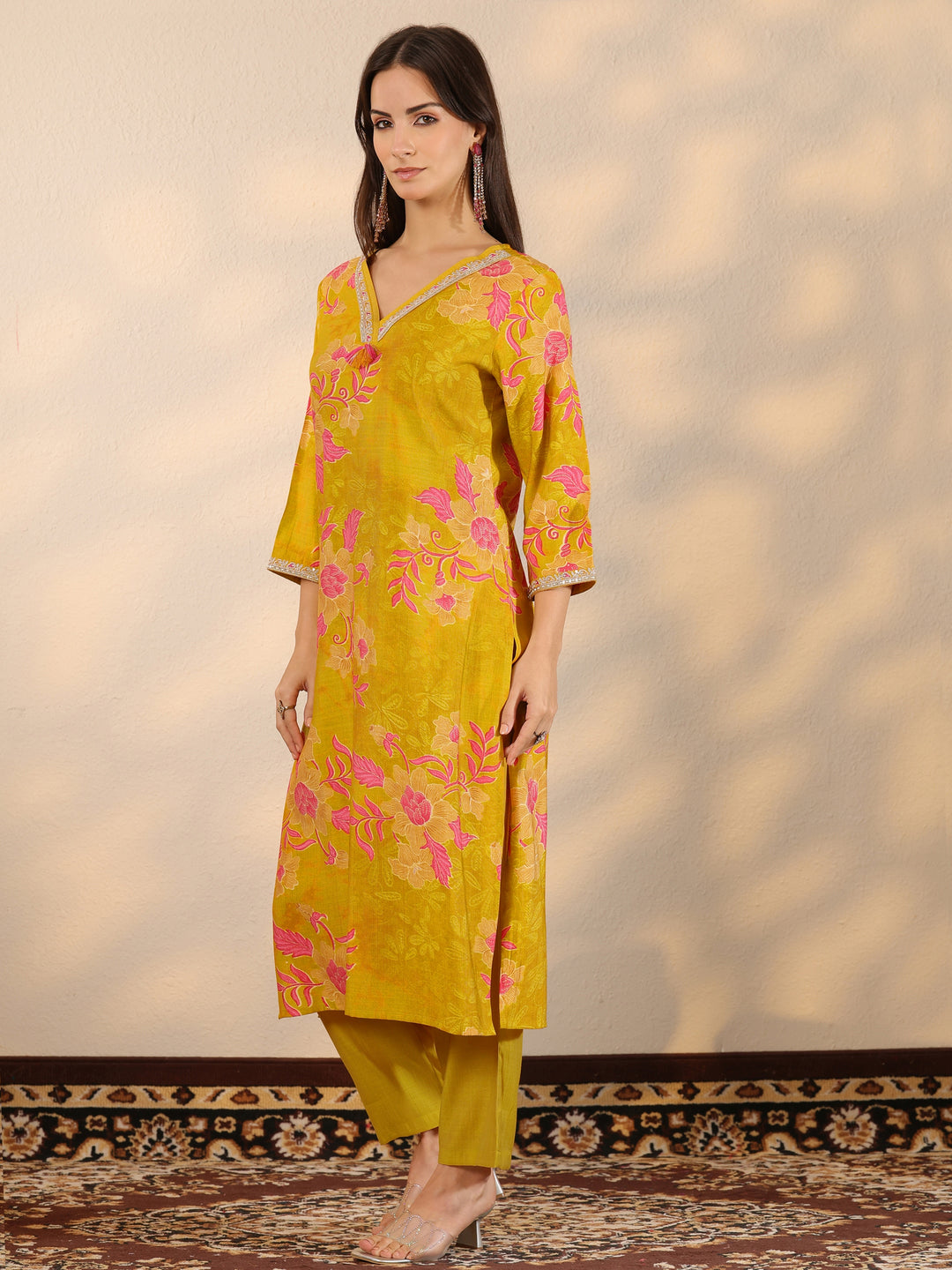 Mustard Printed Silk Blend Straight Suit Set With Dupatta