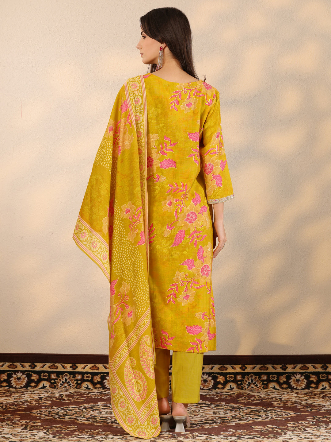 Mustard Printed Silk Blend Straight Suit Set With Dupatta