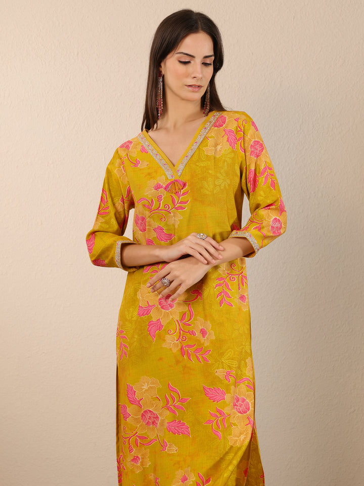 Mustard Printed Silk Blend Straight Suit Set With Dupatta