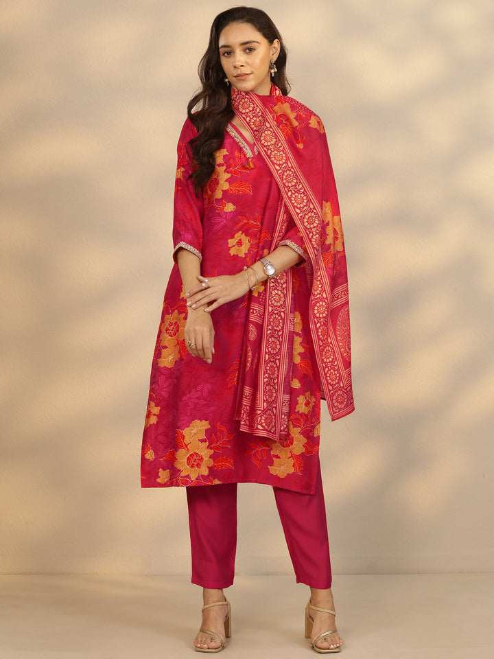 Red Printed Silk Blend Straight Suit Set With Dupatta