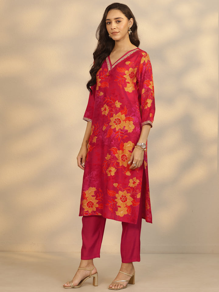 Red Printed Silk Blend Straight Suit Set With Dupatta
