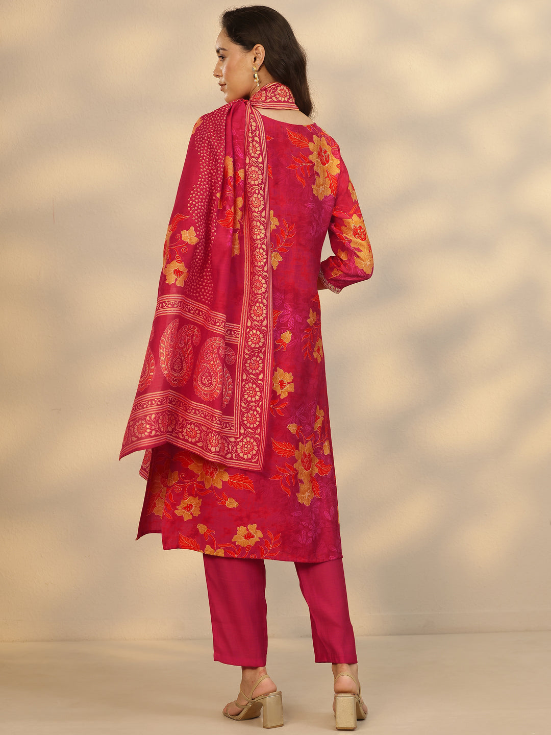 Red Printed Silk Blend Straight Suit Set With Dupatta