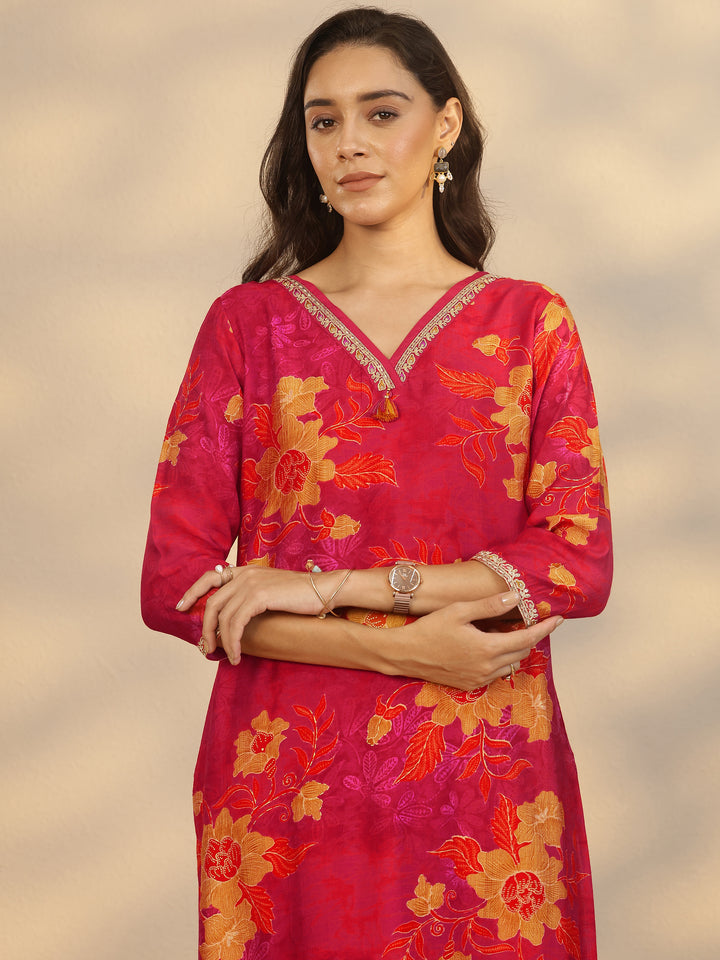 Red Printed Silk Blend Straight Suit Set With Dupatta