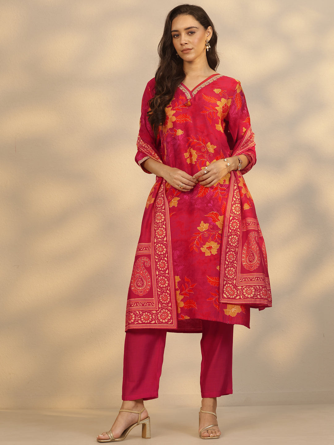 Red Printed Silk Blend Straight Suit Set With Dupatta