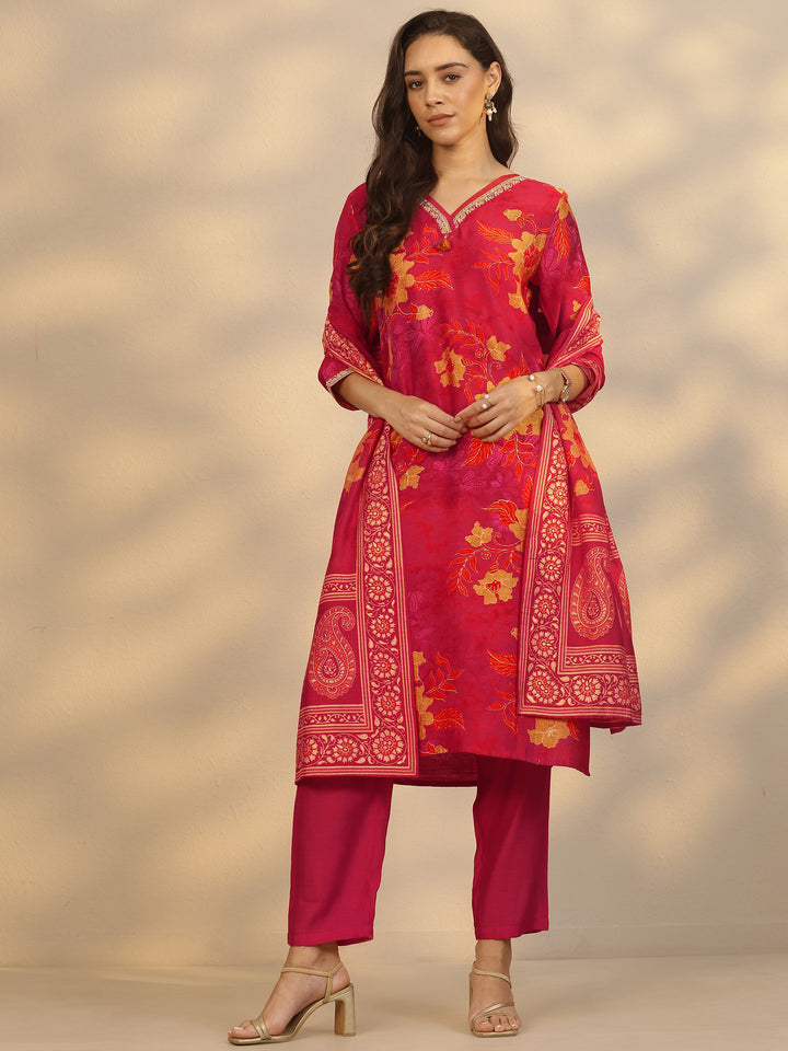 Red Printed Silk Blend Straight Suit Set With Dupatta
