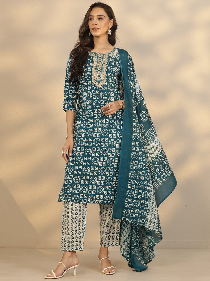 Teal Printed Cotton Blend Straight Suit Set With Dupatta