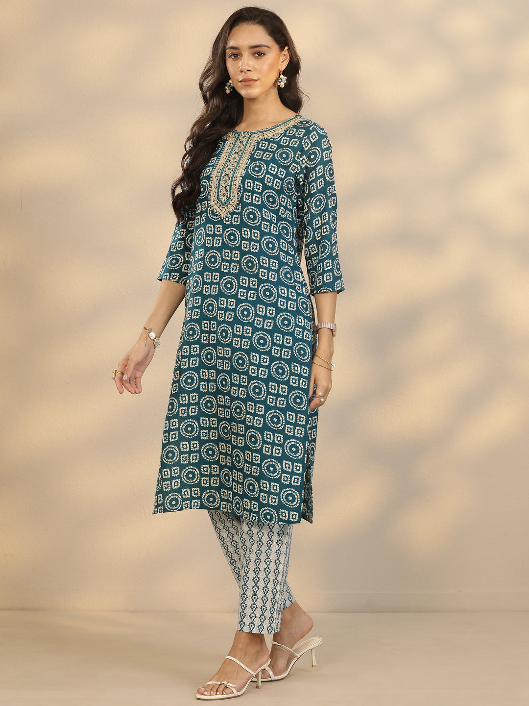 Teal Printed Cotton Blend Straight Suit Set With Dupatta