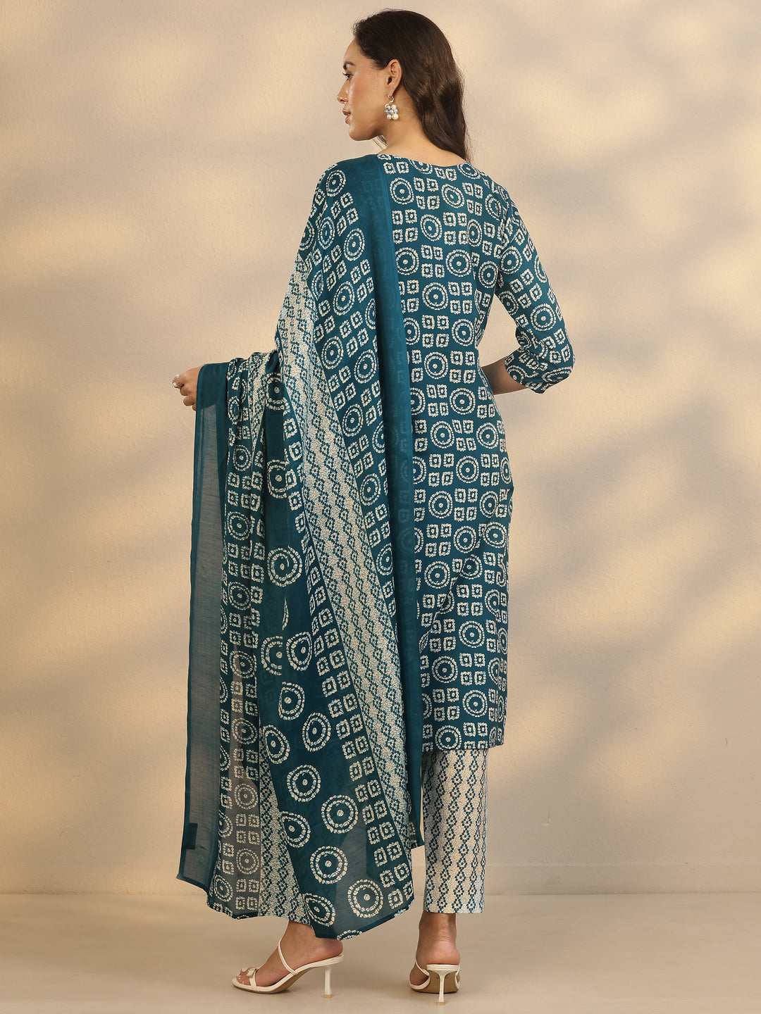 Teal Printed Cotton Blend Straight Suit Set With Dupatta