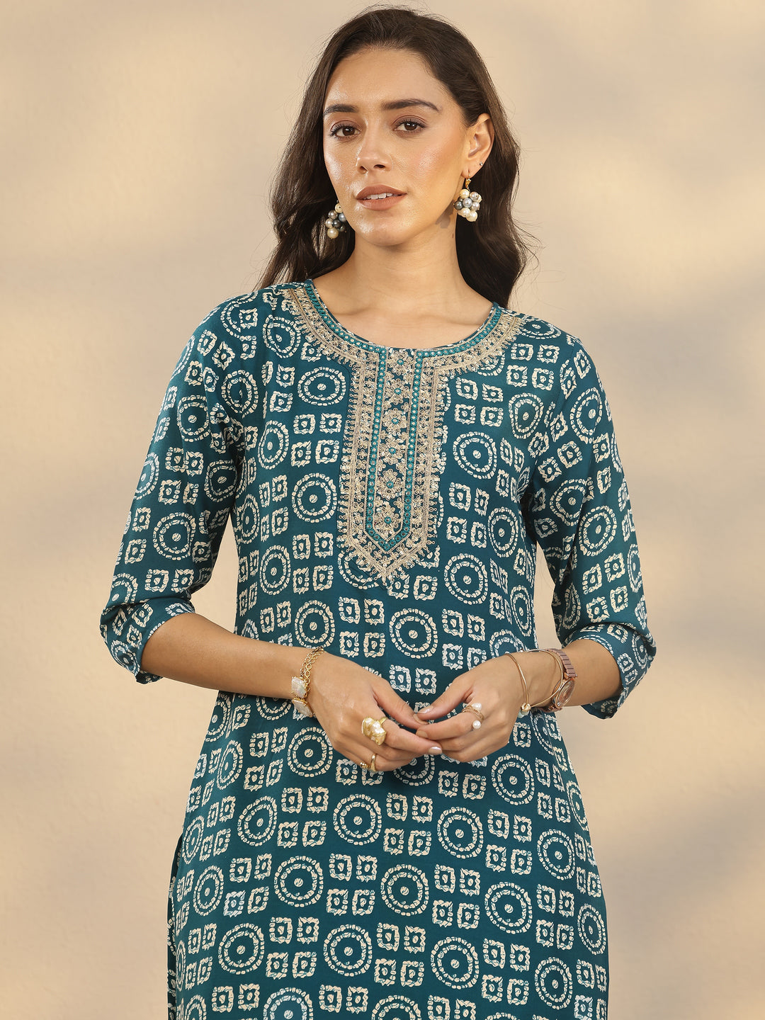 Teal Printed Cotton Blend Straight Suit Set With Dupatta