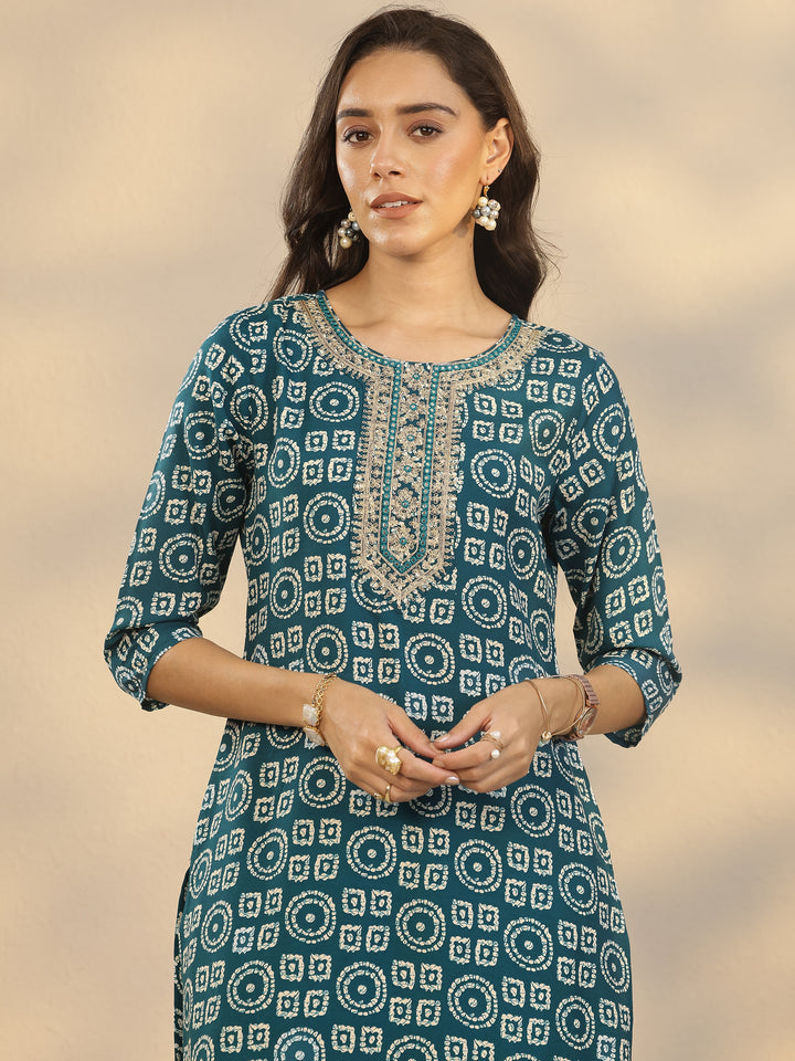 Teal Printed Cotton Blend Straight Suit Set With Dupatta