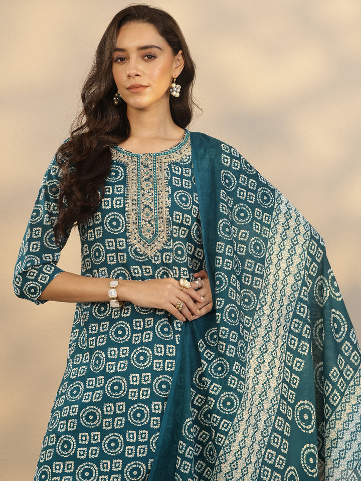 Teal Printed Cotton Blend Straight Suit Set With Dupatta