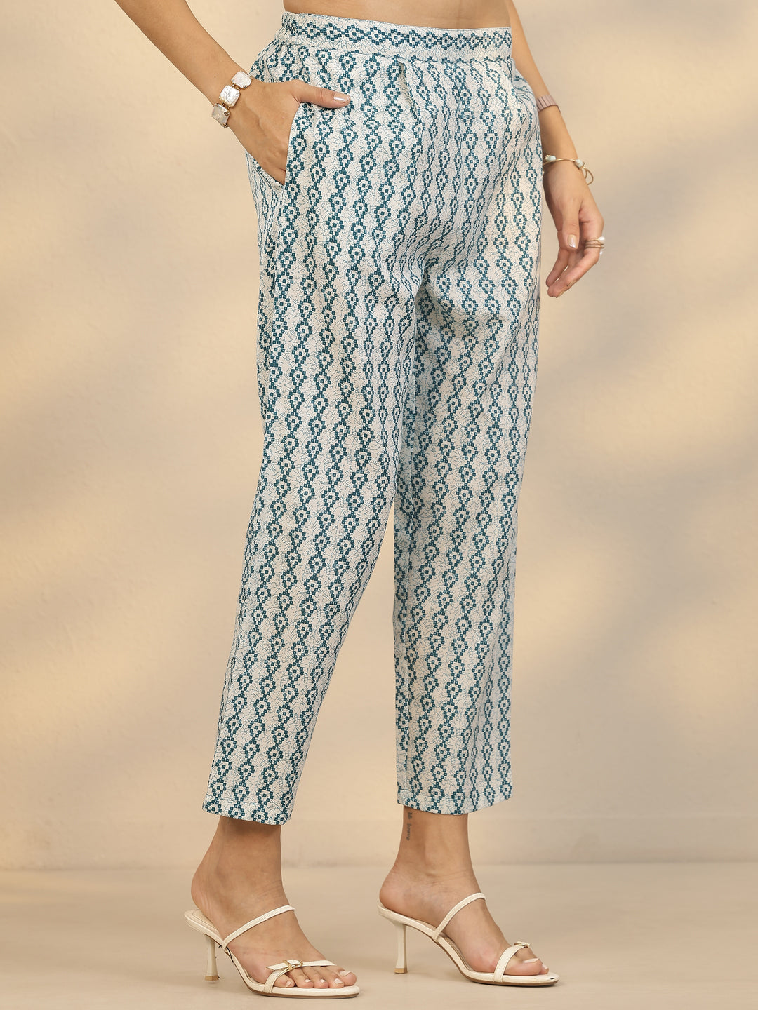 Teal Printed Cotton Blend Straight Suit Set With Dupatta