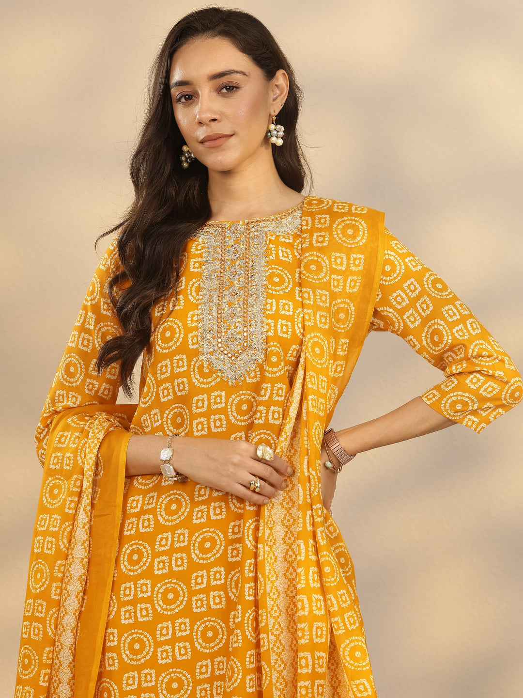 Yellow Printed Cotton Blend Straight Suit Set With Dupatta