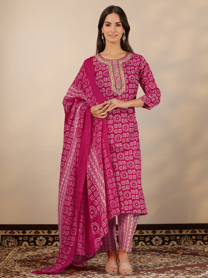 Pink Printed Cotton Blend Straight Suit Set With Dupatta
