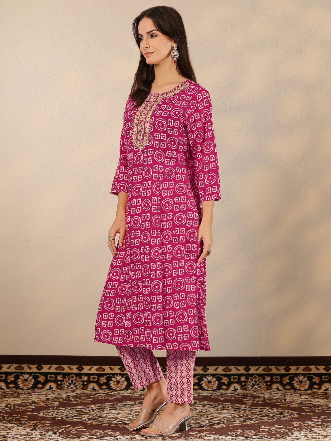 Pink Printed Cotton Blend Straight Suit Set With Dupatta