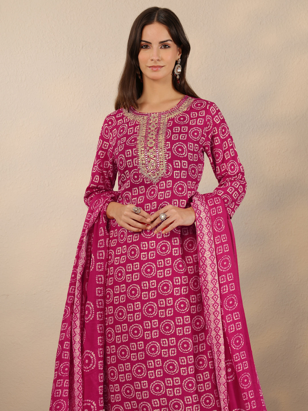Pink Printed Cotton Blend Straight Suit Set With Dupatta