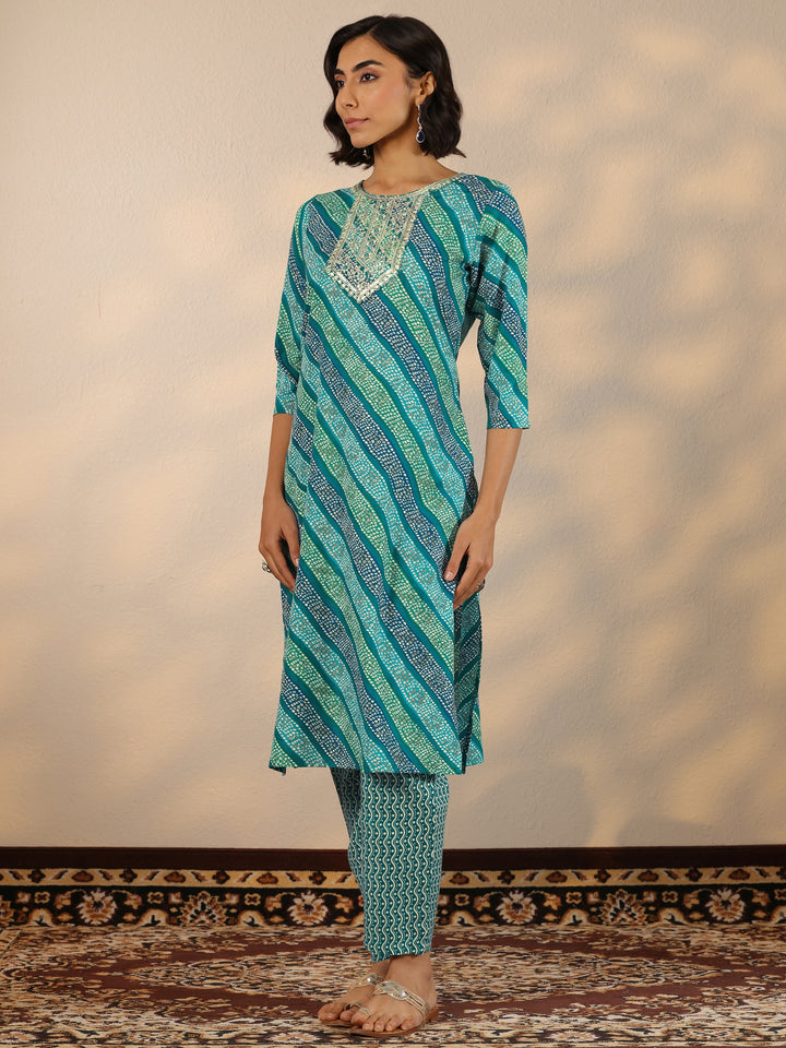Blue Printed Cotton Blend Straight Suit Set With Dupatta
