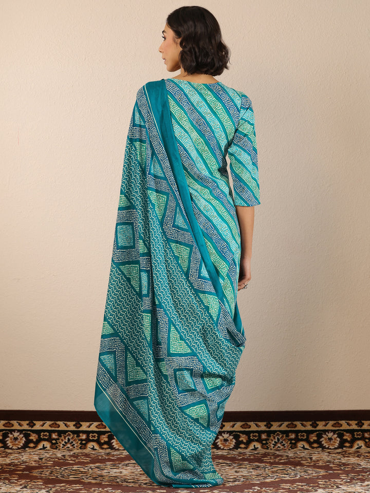 Blue Printed Cotton Blend Straight Suit Set With Dupatta