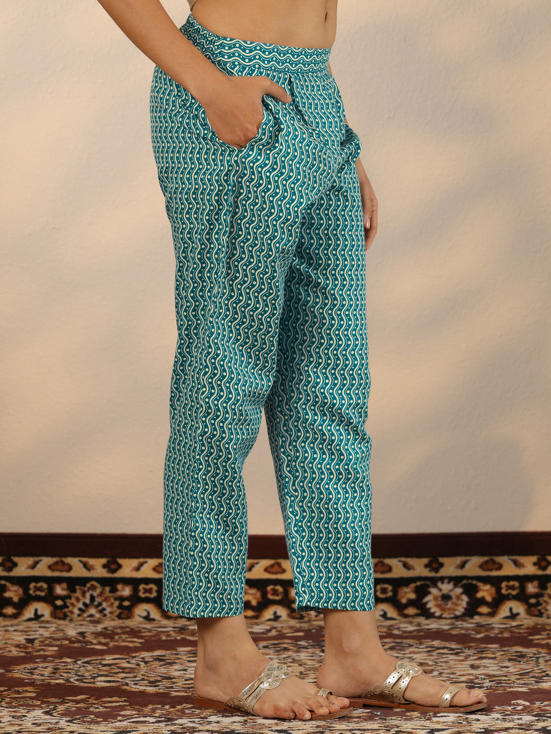 Blue Printed Cotton Blend Straight Suit Set With Dupatta