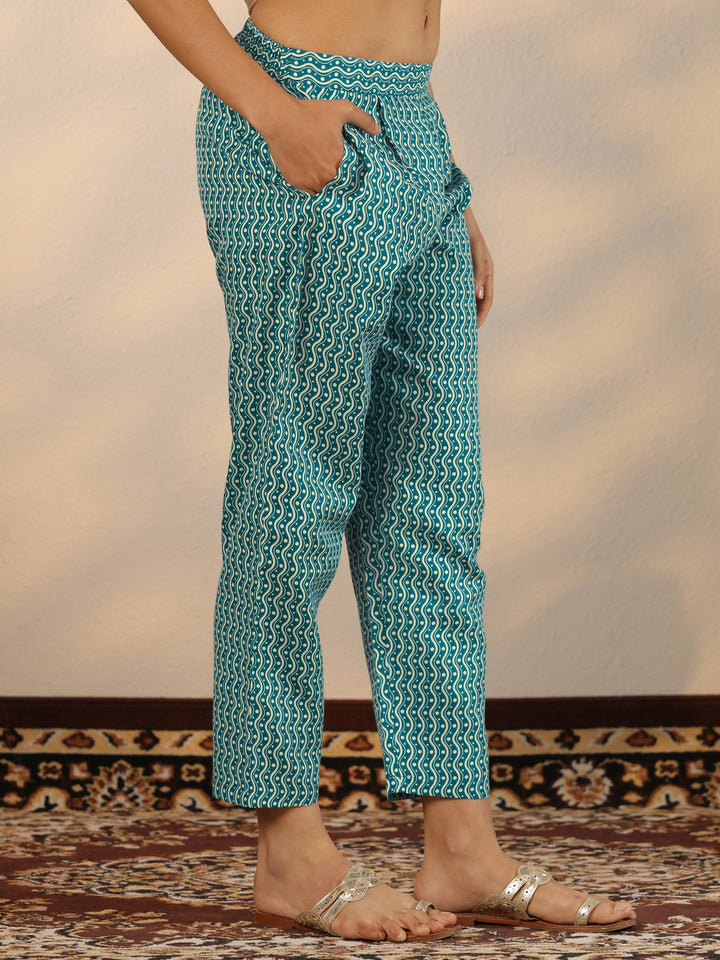 Blue Printed Cotton Blend Straight Suit Set With Dupatta