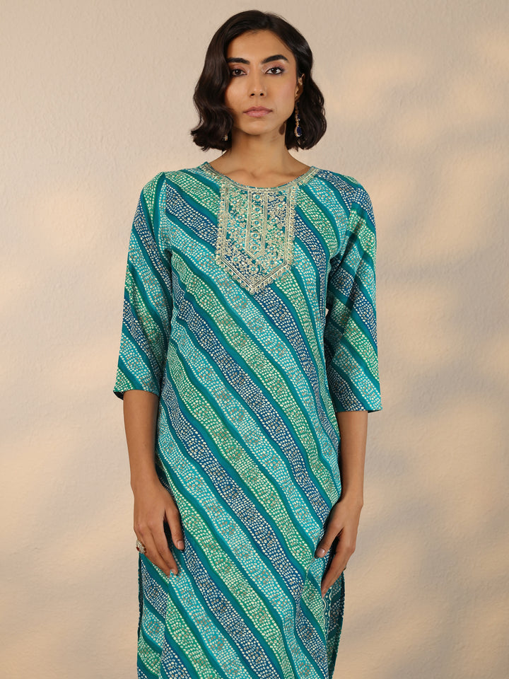 Blue Printed Cotton Blend Straight Suit Set With Dupatta