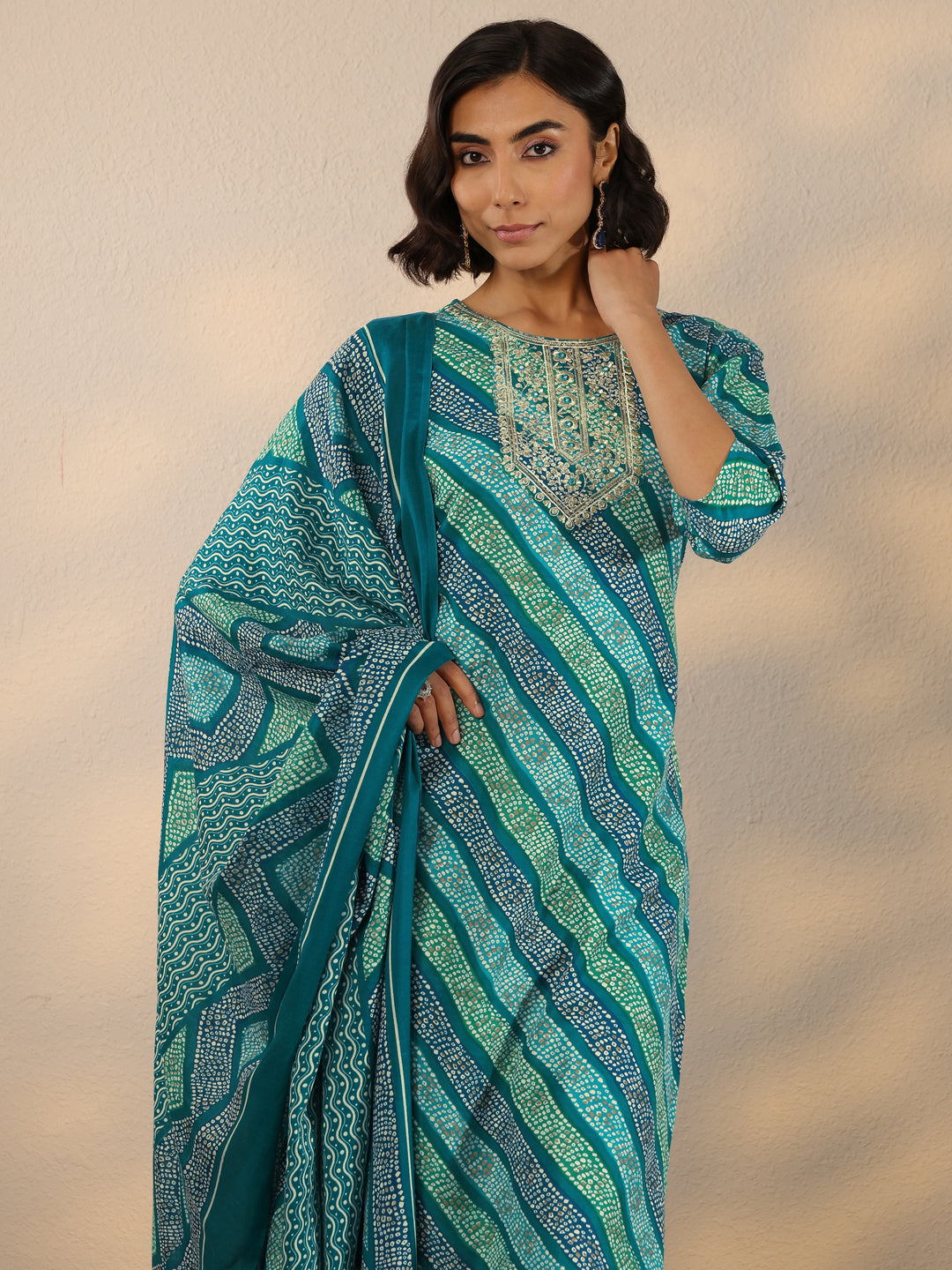 Blue Printed Cotton Blend Straight Suit Set With Dupatta