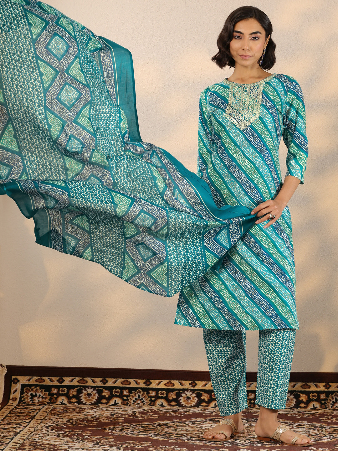 Blue Printed Cotton Blend Straight Suit Set With Dupatta