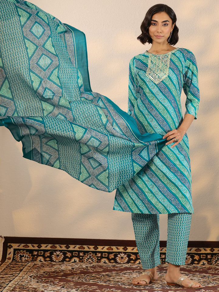 Blue Printed Cotton Blend Straight Suit Set With Dupatta